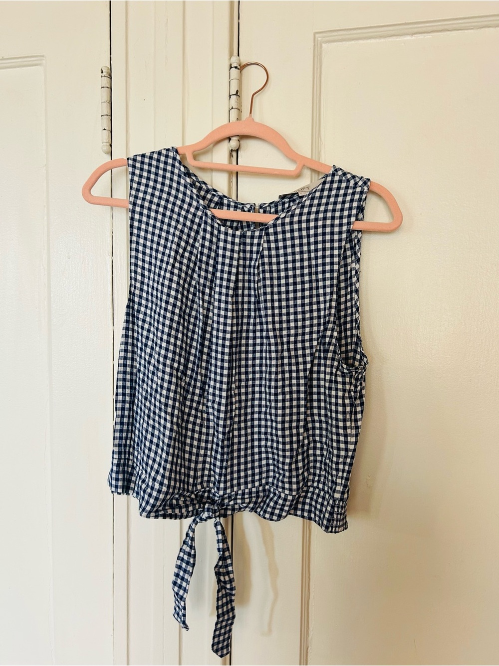 LOFT Navy and White Gingham Tie-Front Sleeveless Top